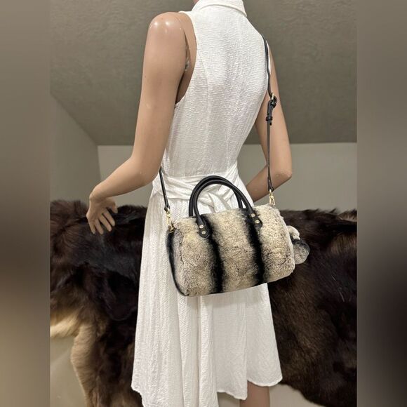 2 Tone Gradient Real Rex Rabbit Fur Boston Bag/Crossbody & 2 Fur Balls Charm - Picture 8 of 16
